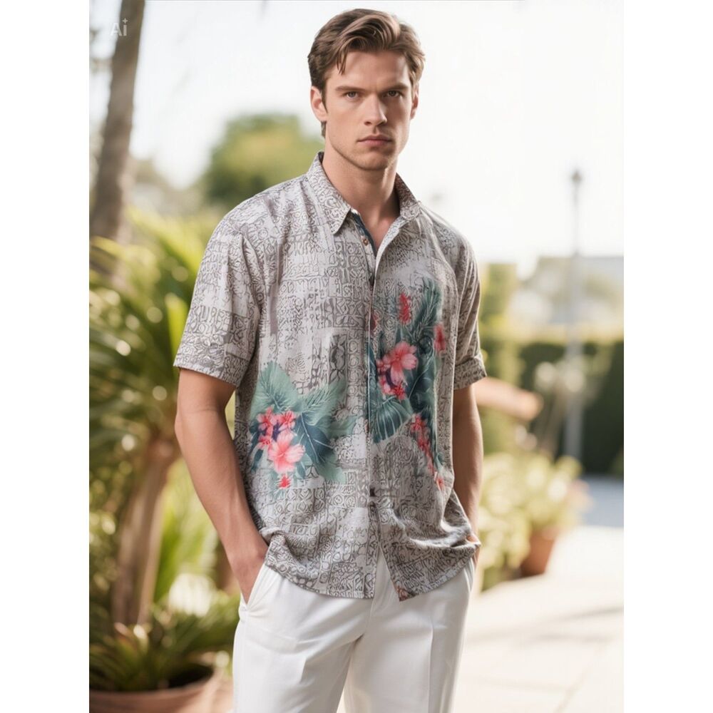 Caribbean Joe Men's XXL  100% Washable Silk Tropical Short Sleeve Button Up Top